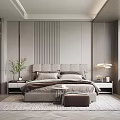 Elegant Modern Bedroom Interior With Upholstered Headboard Striped Wall And Herringbone Rug