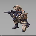 Man In Camouflage Uniform Crouching In Tactical Position Holding Rifle