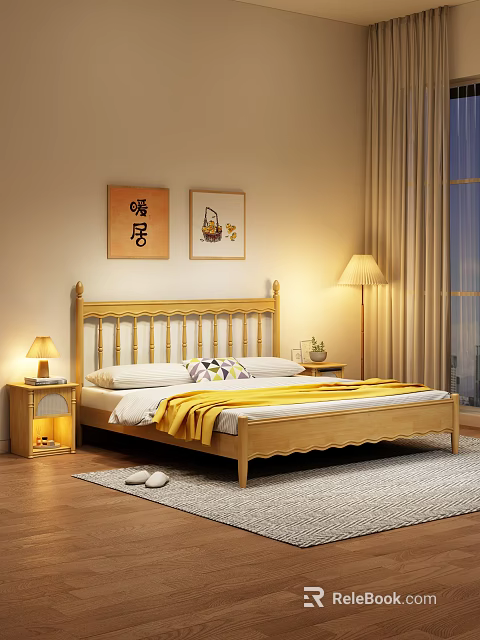 Warm Wooden Bedroom Interior With Carved Headboard Nightstands Decorative Paintings And Table Lamps 3d model 