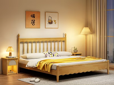 Warm Wooden Bedroom Interior With Carved Headboard Nightstands Decorative Paintings And Table Lamps 3d model
