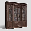 Classic Dark Brown Carved Bookcase with Glass Doors Filled with Books