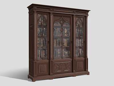 Classic Dark Brown Carved Bookcase with Glass Doors Filled with Books 3d model