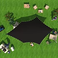 Garden Landscape With Black Sunshades String Lights Green Lawn Folding Chairs Cactus Decorations Modern Buildings