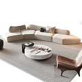 Modern Beige L-shaped Sofa and Round White Coffee Table with Accent Chair Gray Striped Rug