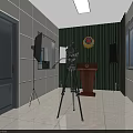 Professional Studio Interior Setup With Green Curtain Emblem Podium Lighting And Camera Tripod