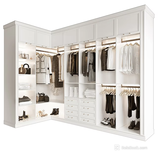 White Modern Wardrobe Interior with Hanging Clothes Drawers and Storage Shelves 3d model 