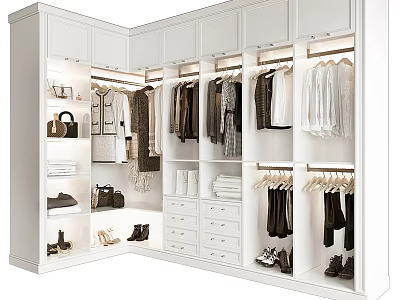 White Modern Wardrobe Interior with Hanging Clothes Drawers and Storage Shelves 3d model