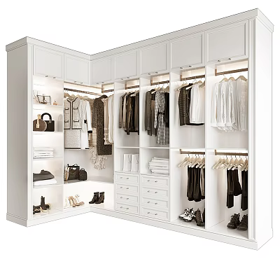 White Modern Wardrobe Interior with Hanging Clothes Drawers and Storage Shelves 3d model