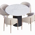 Modern Round Dining Table Set with White Marble Top Black Base and Four Beige Chairs 3d model