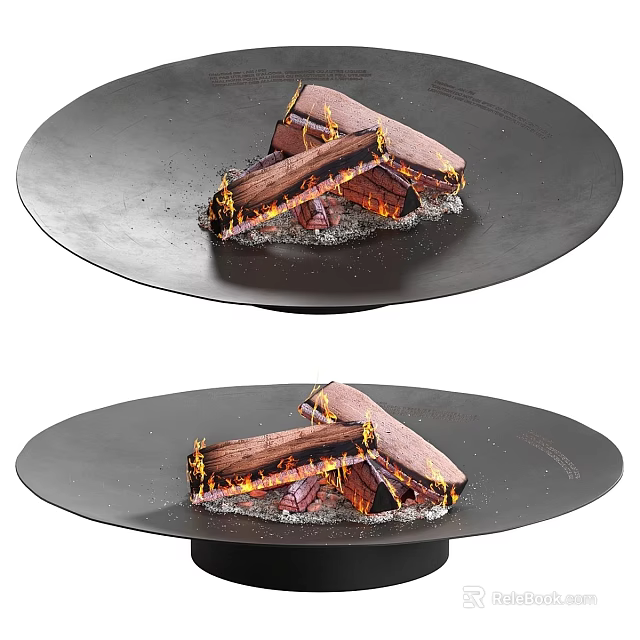 Modern Round Black Fireplace with Burning Logs and Flames in Tabletop Design 3d model 