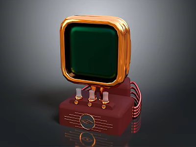 Vintage Retro Style Computer Monitor With Gold Frame Green Screen Red Base And Wires 3d model