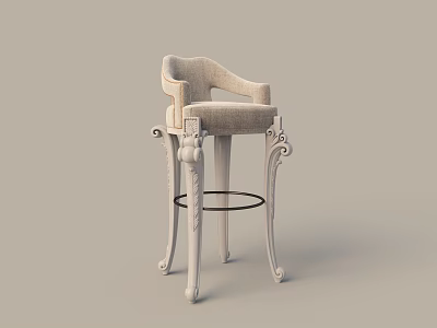 Elegant Beige Fabric Bar Stool With White Carved Legs And Armrests 3d model
