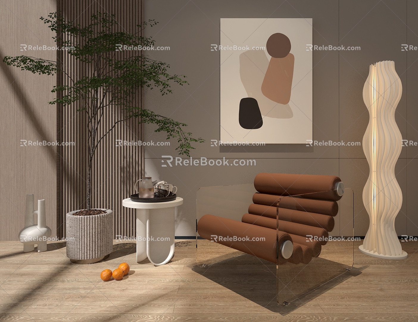 Leather Sofa Floor Lamp Indoor Green Plant 3d model