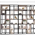 Modern Decorative Shelf Unit with Black Frame and White Shelves Displaying Vases Sculptures Plants