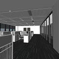 Public Office Space With Cubicles Ergonomic Chairs Computers Ceiling Lights And Striped Carpet