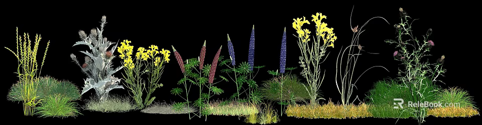 Vibrant Yellow and Purple Garden Flowers with Fresh Green Leaves and Lush Grass 3d model 