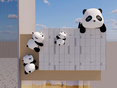 Cute Multiple Panda Art Installation Climbing On Building Exterior Wall 3d model