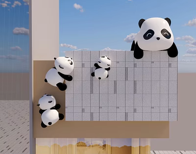 Cute Multiple Panda Art Installation Climbing On Building Exterior Wall 3d model