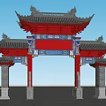 Traditional Chinese Memorial Archway With Red Structure And Grey Roof Surrounded By Trees