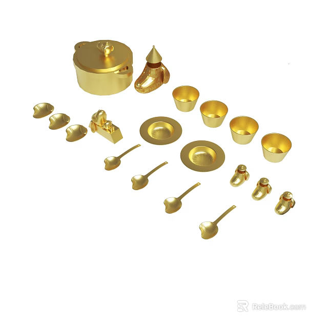 Golden Small Decorative Items With Containers Spoons Lids And Various Shapes 3d model