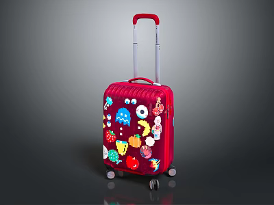 Red Suitcase With Colorful Mushroom Number Animal Stickers And Telescopic Handle Wheels 3d model