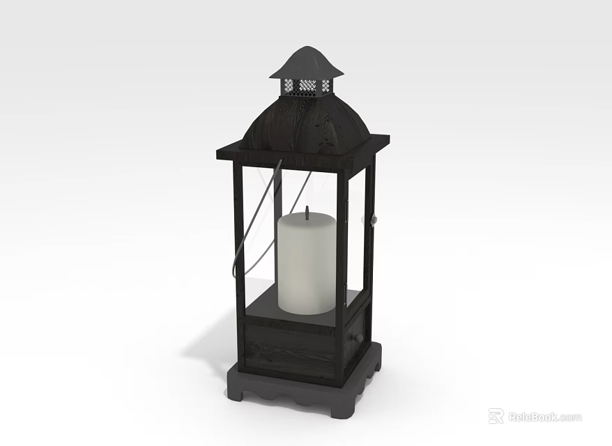 Traditional Wooden Lantern Furniture with Black Frame and White Candle Inside for Home Decor 3d model 
