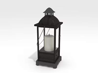 Traditional Wooden Lantern Furniture with Black Frame and White Candle Inside for Home Decor 3d model
