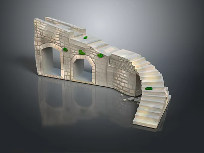 Stone Architectural Structure With Arched Doorways Curved Stairs And Green Plants 3d model