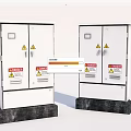 Industrial Control Cabinets With White Enclosure Warning Labels And Black Base 3d model