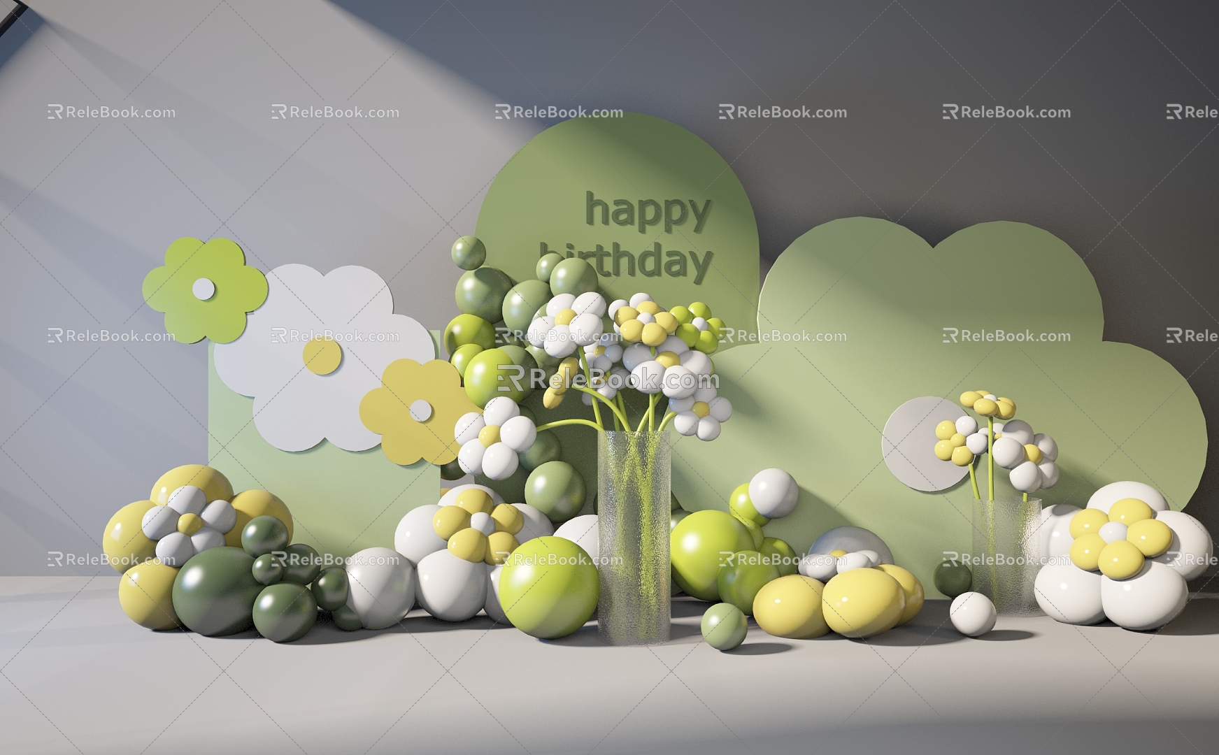 Modern beautiful white yellow green flower balloon display 3d model