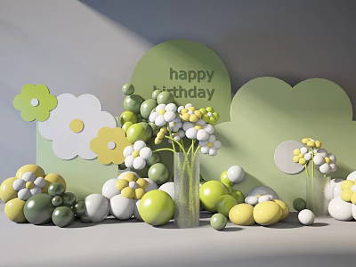 Inflatable Birthday Party Decorations With Green Backdrop Colorful Flowers And Balloons 3d model