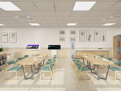 School Dining Hall With Bright Interior Wooden Tables Green Chairs Wall Art and TV Screens 3d model