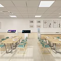 School Dining Hall With Bright Interior Wooden Tables Green Chairs Wall Art and TV Screens