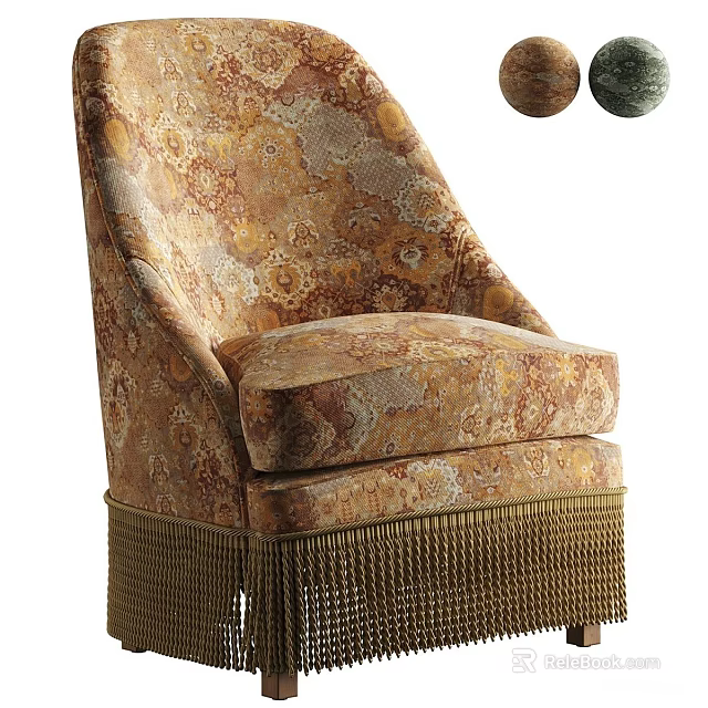 Retro Warm Paisley Printed Fabric Upholstered Comfortable Single Sofa With Exquisite Golden Tassel Decorations 3d model 