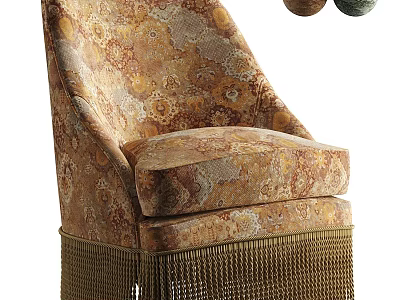 Retro Warm Paisley Printed Fabric Upholstered Comfortable Single Sofa With Exquisite Golden Tassel Decorations 3d model
