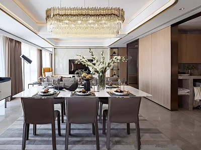 Modern Dining Living Room Interior With Crystal Chandelier Dining Table Chairs And Decorative Flowers 3d model