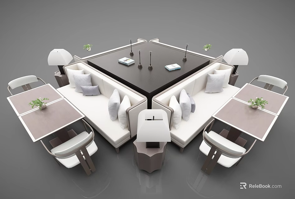 Stylish Sectional Sofa Arrangement With Black Coffee Table Table Lamps And Potted Plants 3d model 