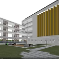Modern School Building With Yellow Vertical Panels Multi Storey Courtyard Green Lawn And Stone Path