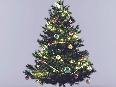 Festively Decorated Christmas Tree With Colorful Ornaments String Lights And Beads 3d model