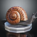 Snail With Spiral Brownish Yellow Shell Gray Body On Hexagonal Patterned Base Dark Reflective Background 3d model