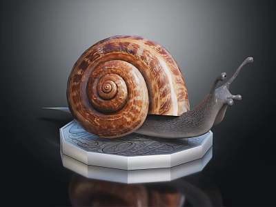 Snail With Spiral Brownish Yellow Shell Gray Body On Hexagonal Patterned Base Dark Reflective Background 3d model