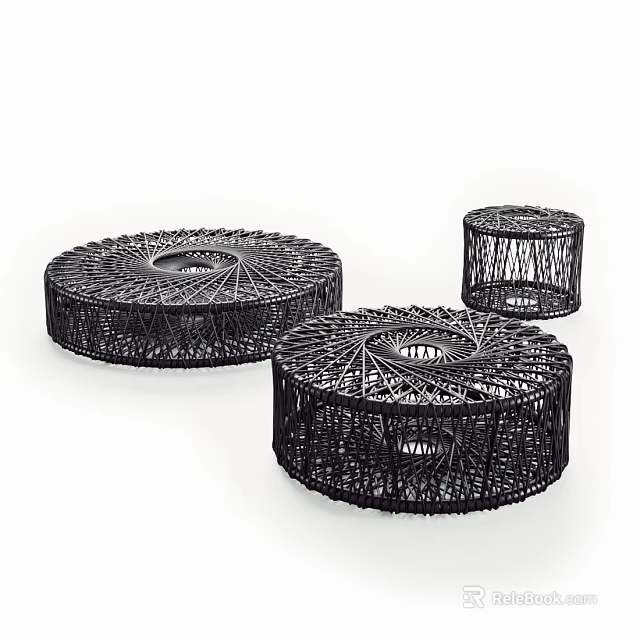 Three Modern Black Round Coffee Tables Featuring Intricate Woven Patterns 3d model 