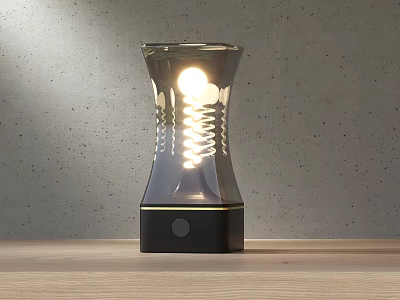 Unique Shaped Illuminated Table Lamp Featuring Transparent Spiral Design On Wooden Tabletop Gray Wall 3d model