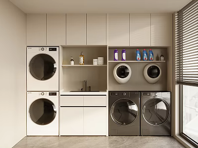 Modern Home Balcony Interior With Washing Machines Dryers Sink And Storage Cabinets 3d model