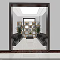 Elegant Hotel Public Lounge With Black Leather Sofas Bookshelves Green Plants And Shiny Marble Floor Lighting