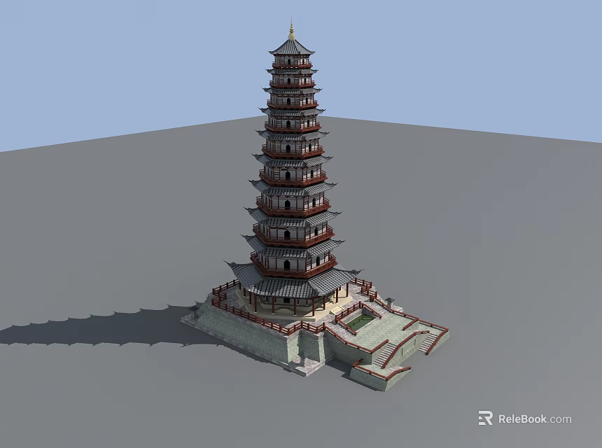 Traditional Chinese Pagoda With Multiple Tiers Overhanging Eaves And Stone Base 3d model 
