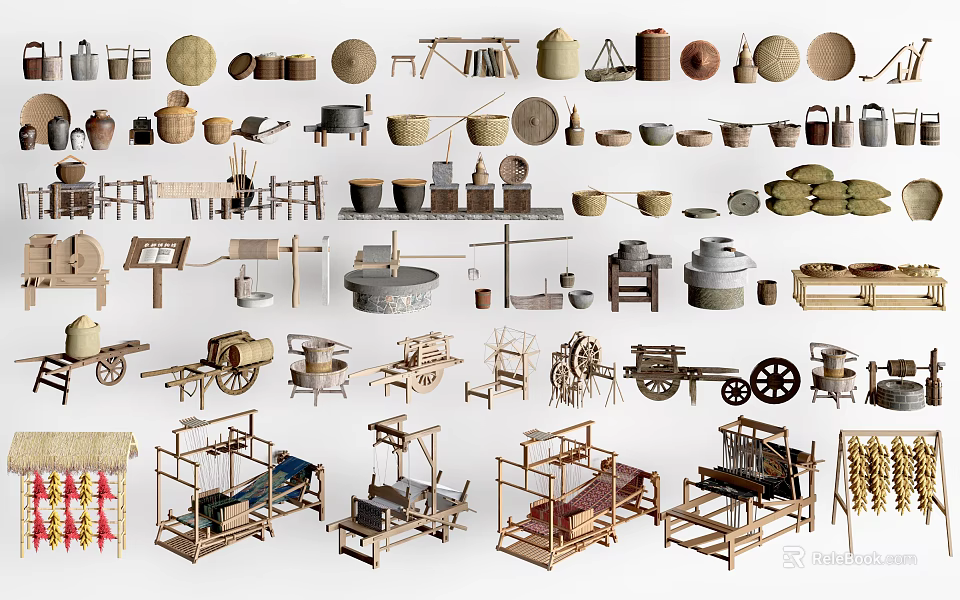Traditional Garden Decorative Ornaments With Bamboo Baskets Wooden Frames And Decorative Containers 3d model 