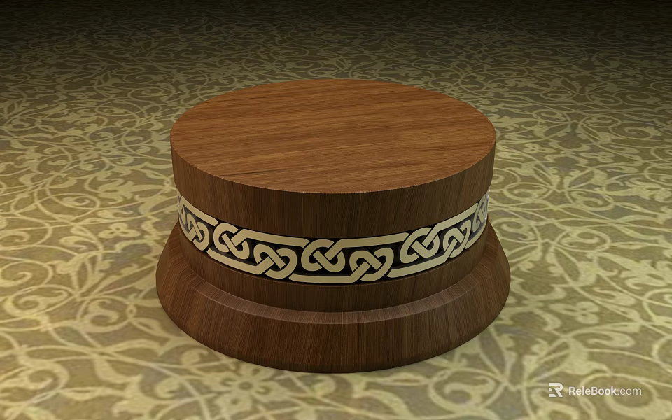 Circular Wooden Base With White Celtic Knot Pattern On Patterned Carpet 3d model