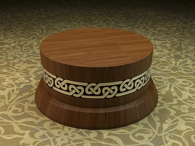 Circular Wooden Base With White Celtic Knot Pattern On Patterned Carpet 3d model