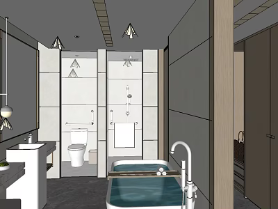 Hotel Lobby Bathroom Design With Bathtub Toilet Vanity And Modern Lighting 3d model